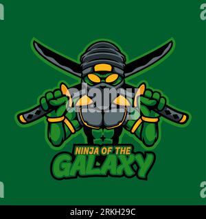 Logo della mascotte Ninja Alien samurai per il gioco di e-sport e la squadra di e-sport. Fantastico ninja con logo a due spade. Ninja alieno verde p Illustrazione Vettoriale