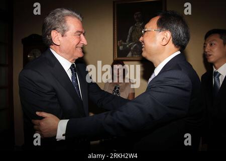 110804 -- TIRANA, Aug. 4, 2011 Xinhua -- Visiting Chinese Foreign Minister Yang Jiechi R meets with Albanian Prime Minister Sali Berisha in Tirana, Albania, Aug. 4, 2011. Xinhua/Yang Ke cl ALBANIA-CHINA-YANG JIECHI-VISIT PUBLICATIONxNOTxINxCHN Stock Photo