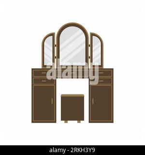 Dressing table for bedroom interior. Vintage wooden furniture with mirror for female boudoir. Woman cosmetics objects in flat style vector illustratio Stock Vector