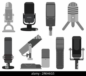 Podcast mircophone icon set. Music studio podcast speaker vector badges collection. Different models such as Rode NT-USB, Blue Yeti mic, Rode Procaste Stock Vector