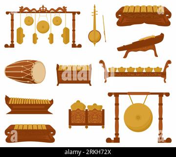 Set vettoriale di strumenti musicali tradizionali a percussione in stile piatto. Vari strumenti musicali orchestrali classici. Indonesiano musical instr Illustrazione Vettoriale