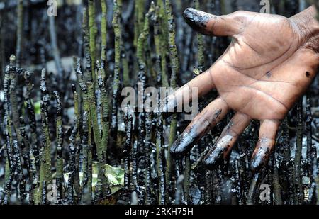 Bildnummer: 55690603 Datum: 10.08.2011 Copyright: imago/Xinhua (110811) -- MUMBAI, 11 agosto 2011 (Xinhua) -- la foto scattata il 10 agosto 2011 mostra la mano macchiata di olio di un residente locale a Bandra, India occidentale. Una nave da carico affondata ha iniziato a perdere olio combustibile dalla notte del 6 agosto dopo essere affondata a circa 20 miglia nautiche al largo di Mumbai il 4 agosto, con inquinanti petroliferi trovati sulle rive della città e nelle acque vicine. (Xinhua) (lmm) INDIA-MUMBAI-OIL LEAK-POLLUTION PUBLICATIONxNOTxINxCHN Gesellschaft Umwelt Umweltverschmutzung Öl Ölpest premiumd xbs 2011 quer o0 Symbol, Hand, Körperteile, B Foto Stock