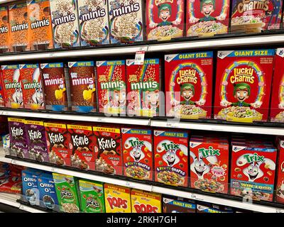 Varie scatole di cereali per colazione ad alto contenuto di zucchero su uno scaffale del negozio Foto Stock