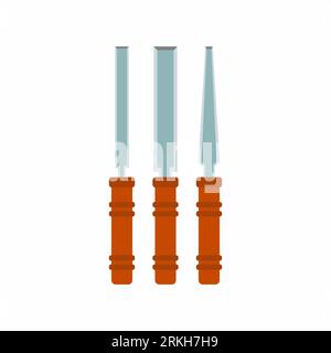 Icona dello scalpello. Apparecchiature di carpenteria con stili diversi isolati su sfondo bianco. Strumento di costruzione e riparazione. Illustrazione dei cartoni animati piatti Illustrazione Vettoriale