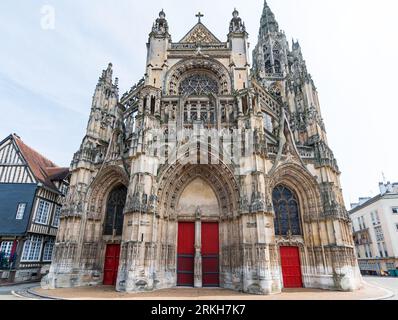 A low angle of the entry of the Eglise Notre Dame in Caudebec-en-Caux in Normandy, France Stock Photo