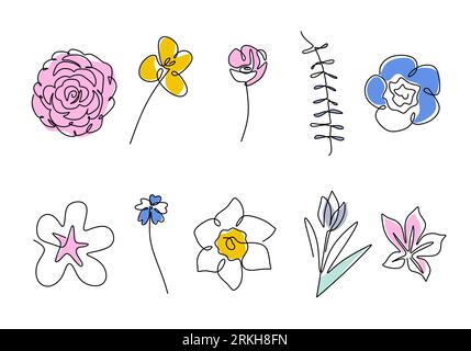 Set di disegno continuo a una linea di bellissimi fiori in diversi tipi come camelia, tulipani, papavero, sakura, azalea, nahonana, nemofilia, shi Illustrazione Vettoriale
