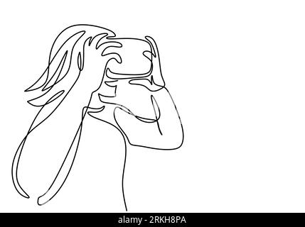 Ragazza che utilizza la realtà virtuale con disegno a una linea singola continua. Tecnologia intelligente concetto futuristico di giocatore di gioco. Personaggio donna che gioca a un gioco di simulazione Illustrazione Vettoriale