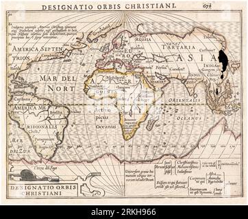 Old 17th Century Dutch Vintage World Map, ’Designation of the Christian World’, stampa di Jodocus Hondius, 1607 Foto Stock