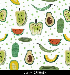 Pattern di frutta vettoriale senza cuciture. Diversi frutti tropicali freschi includono anguria, mela, avocado, cetrioli, papaya, mango, soursop, melagrana isola Illustrazione Vettoriale