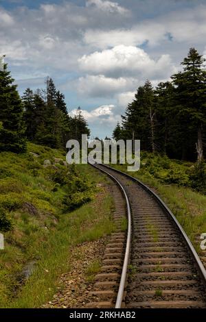 Una vista panoramica di un pittoresco paesaggio di Brocken con una serie di binari ferroviari che lo attraversano Foto Stock
