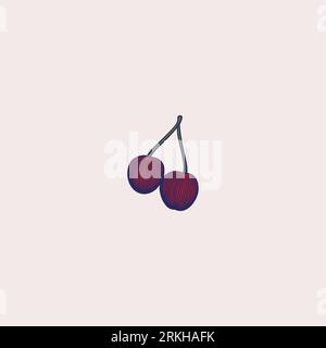 Cherry vector drawing. Isolated hand drawn red cherry on white background. Summer fruit engraved style illustration. Detailed vegetarian food. Great f Illustrazione Vettoriale