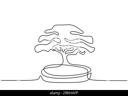 Bonsai decorativo in vasi disegno continuo a una linea. Un piccolo albero di bonsai esotico di vecchia bellezza per decorazioni murali di arte casalinga. Antica pianta in vaso minimale Illustrazione Vettoriale