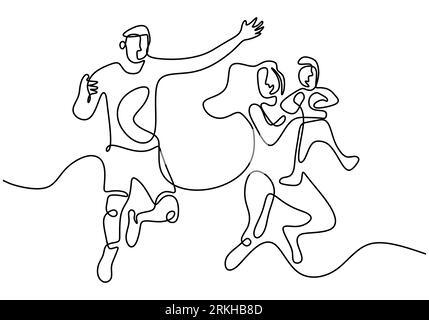 Un disegno continuo di famiglia felice padre, madre e loro figlio che giocano e saltano insieme per esprimere la loro felicità. Buon paren di famiglia Illustrazione Vettoriale