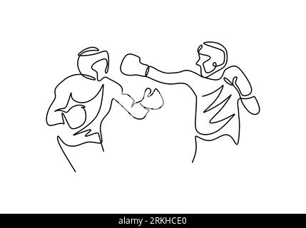 Disegno continuo a una riga di due uomini che giocano a boxe isolato su sfondo bianco. Giovane pugile professionista che fa stretching prima di praticare bo Illustrazione Vettoriale