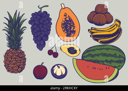 Grande set di illustrazioni disegnate a mano di frutta fresca in stile incisione. Bozzetti di cibo diverso. Illustrazione dettagliata degli elementi, perfetta per menu e boo Illustrazione Vettoriale