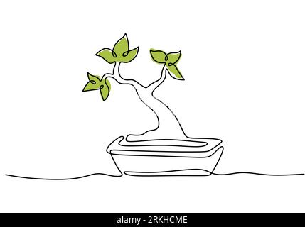 Disegno continuo a linee dell'albero bonsai della natura in vaso isolato su sfondo bianco. Bellezza e fresca pianta di banyan cinese o giapponese per pareti d'arte casalinga Illustrazione Vettoriale