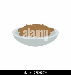 Un recipiente di fagioli in scatola. Verdura, frutta, zuppe e lattine di prodotti. Icona del cibo in stile cartone animato. Cibo biologico sano. Illustrazione vettoriale delle lenticchie piatte Illustrazione Vettoriale