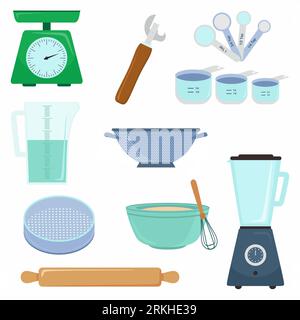 Kitchen tools accessory simple isolated set collection. Kitchenware scales, measuring cup, measuring spoon, eggbeater and bowl etc. Cooking concept. V Illustrazione Vettoriale