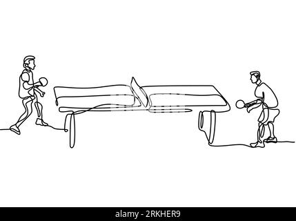 Disegno continuo della linea di un giovane giocatore di ping-pong Happy ha colpito la palla. Due atleti che giocano a ping pong isolati su sfondo bianco. Competitio Illustrazione Vettoriale