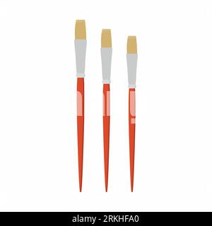 Set di pennelli angolati, icone artistiche in design piatto. Pennello marrone per strumenti di disegno isolati su sfondo bianco. Elemento attrezzatura per verniciatura. VECTO Illustrazione Vettoriale