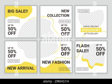 Raccolta del layout post sui social media. Feed creativo e moderno sui social media design del modello di post banner quadrato puzzle per grandi promozioni. Reggiseno promozionale Illustrazione Vettoriale