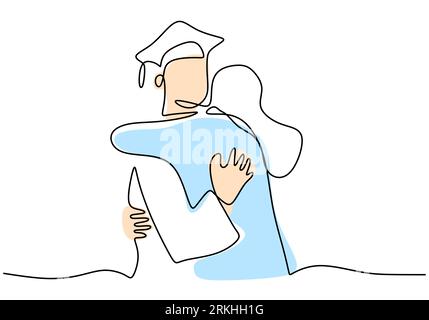 Disegno continuo di uomini laureati studenti con il suo amico si abbracciano a vicenda. Cerimonia di celebrazione laurea magistrale in academy design sk Illustrazione Vettoriale