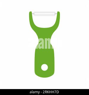 Green vegetable peeler in flat cartoon style. Kitchen item, appliance. Vector illustration on the theme of food and cooking, peeling vegetables isolat Stock Vector