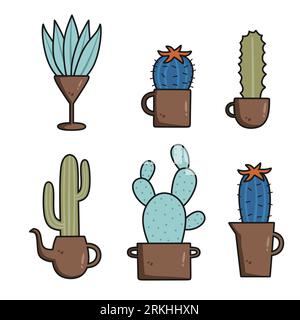 Collezione Cactus Set con diversi tipi. Carino cartone animato. Giardino botanico di piante di fiori nel deserto in estate. Illustrazione vettoriale. Adatto per wal Illustrazione Vettoriale