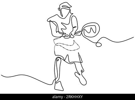 Disegno continuo dell'uomo che tiene racchetta per giocare a un torneo di tennis. Giovani ed energici uomini praticano il tennis isolato su sfondo bianco. Sport A. Illustrazione Vettoriale