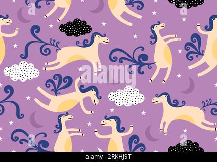 Motivo vettoriale senza cuciture disegnato a mano con simpatici unicorni, stelle, nuvole e arcobaleno. Sfondo magico con il dolce colore viola. Perfetto per il tessuto, wal Illustrazione Vettoriale