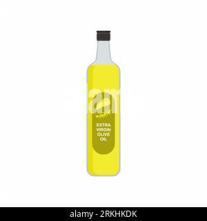 Illustrazione dell'olio extra vergine di oliva. Lattina d'acciaio con olio d'oliva, bottiglia verde. Concetto di cibo in stile cartone animato piatto. L'illustrazione può essere utilizzata per gli argomenti l Illustrazione Vettoriale