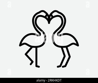 Icona della linea dei fenicotteri due amanti dell'amore degli uccelli coppia Romantic Wildlife Animal Zoo Nature Together Cartoon Black White Outline Shape Sign Symbol Vector Illustrazione Vettoriale