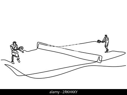 Disegno continuo della linea di un giovane giocatore di ping-pong Happy ha colpito la palla. Due atleti che giocano a ping pong isolati su sfondo bianco. Competitio Illustrazione Vettoriale