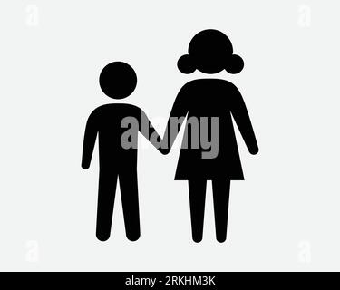 Icona madre e figlio Mamma bambino famiglia donna ragazzo genitore Mamma single. Simbolo simbolo grafico illustrazione grafica Vector Clipart forma contorno bianco nero Illustrazione Vettoriale