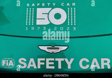 25th August 2023; Circuit Zandvoort, Zandvoort, North Holland, Netherlands; Formula 1 Heineken Dutch Grand Prix 2023; Free Practice Day; Detail of the bonnet of the Aston Martin Vantage Safety Car Foto Stock