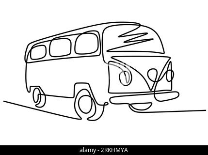 Disegno continuo di una singola linea di una classica auto VW d'epoca. Vecchia auto retrò dal design minimalista isolata su sfondo bianco. Trasporto classico Illustrazione Vettoriale