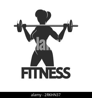 Fitness Club or athletic Emblem with Woman Holds Barbell isolated on white. Vector illustration. Stock Vector