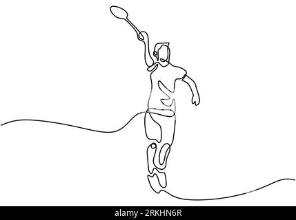 Continuous line drawing of man playing badminton. Character a badminton player is playing with a racket isolated on white background. Sport tournament Stock Vector