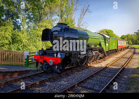 La locomotiva a vapore Flying Scotsman sulla linea Bluebell nell'East Sussex nel Regno Unito Foto Stock