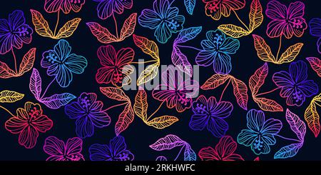 Colorful Hibiscus Flower Pattern. Modern and Minimalist Floral Seamless Pattern. Hand Drawn Print Illustrazione Vettoriale