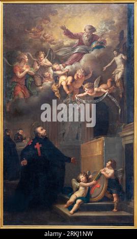 GENOVA, ITALIA - 6 MARZO 2023: Il dipinto di San Camilus de Lellis nella chiesa di Santa Croce di pittore con G. P. intitials (1817). Foto Stock