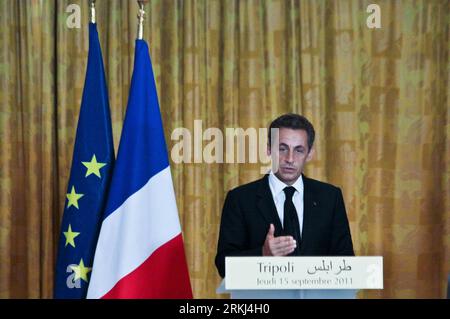 (110915) -- TRIPOLI, Sept. 15, 2011 (Xinhua) -- French President Nicolas Sarkozy speaks during a press conference in Libyan capital Tripoli Sept. 15, 2011. British Prime Minister David Cameron and French President Nicolas Sarkozy arrived in the Libyan capital of Tripoli amid tight security on Thursday. (Xinhua/Amru Salahuddien) (nxl) (CORRECTION)LIBYA-BRITAIN-FRANCE-POLITICS PUBLICATIONxNOTxINxCHN Stock Photo