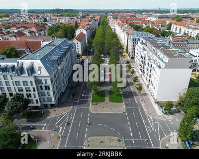 Leipzig, Germany. 23rd Aug, 2023. Kurt-Eisner-Strasse in the south of Leipzig. The road body offers space for a possible separate streetcar track. Credit: Jan Woitas/dpa/Alamy Live News Stock Photo