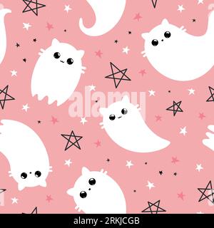 Halloween seamless pattern. Vector illustration of cute ghost cats on a pink background. Vector cartoon seamless pattern. Stock Vector