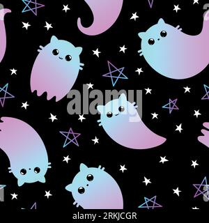 Motivo Halloween senza cuciture. Illustrazione vettoriale di carini gatti fantasma su sfondo nero. Motivo senza cuciture dei cartoni animati vettoriali. Illustrazione Vettoriale