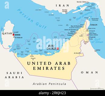 United Arab Emirates, UAE, political map. The Emirates, a Persian Gulf country in the Middle East at Arabian Peninsula, between Oman and Saudi Arabia. Stock Photo