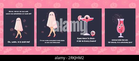 Poster rosa di Halloween, cocktail, ragazza, didascalia, lettering, didascalia divertente. Illustrazione vettoriale Illustrazione Vettoriale