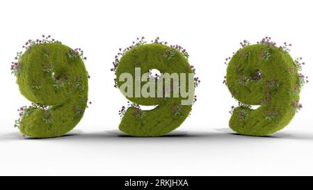 A 3D rendering of three green numbers nine, decorated with grass and flowers on a white background Stock Photo