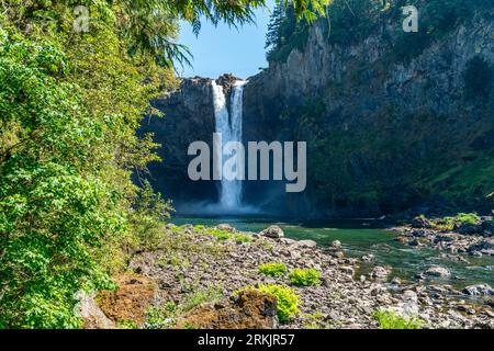 A view of Snoqualmie Falls in Washington State  from downriver. It is summertime. Stock Photo