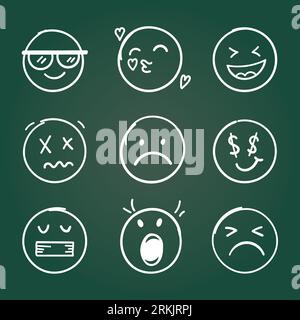 Icona dei volti delle emoji in stile disegnato a mano. Illustrazione vettoriale delle emoticon su sfondo isolato. Concetto di business dei cartelli facciali felici e tristi. Illustrazione Vettoriale